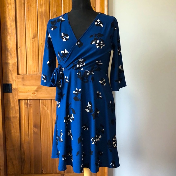Blue Floral Dress - Faux Wrap - Picture 2 of 8